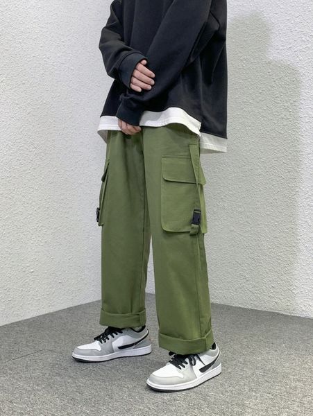 

men buckled flap pocket side cargo pants j9lf#, Black