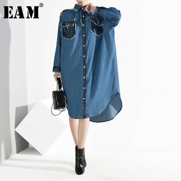 

[eam] women blue denim burr striped big size shirt dress new lapel long sleeve loose fit fashion tide spring autumn 2020 lj201202, White;black