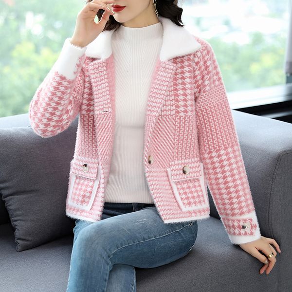 

new imitation mink velvet jacket woman short 2020 autumn winter jackets female popular plaid loose lazy style women's x1016, Black;brown