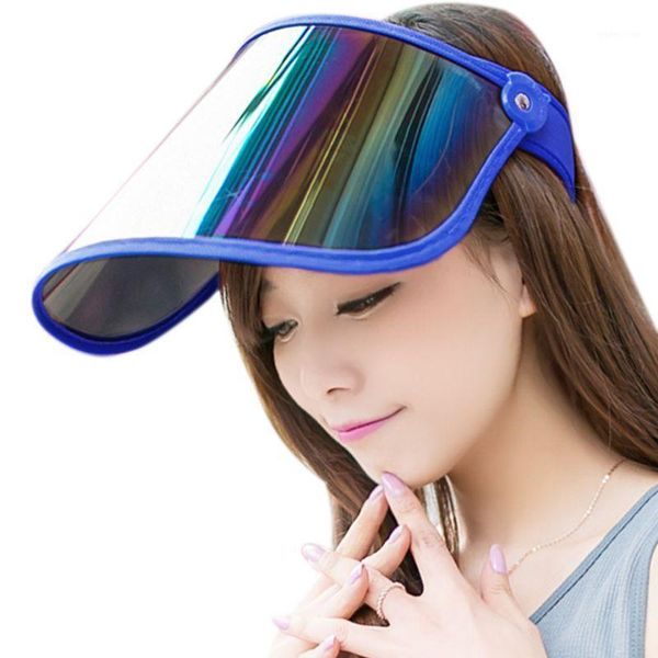

women summer empty sun visor hat rainbow plastic panel uv protection adjustable angle large wide brim motorcycle beach cap1, Yellow