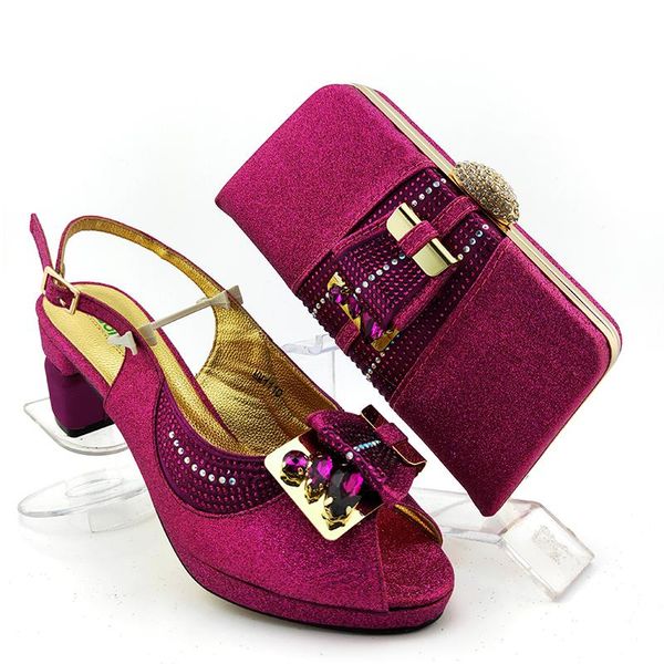 

latest party sets lady magenta color high heel african shoes and handbag with stones mm1110, heel height 7cm, Black