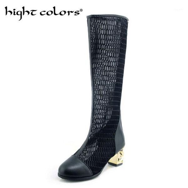 

size 34-46 new fashion women knee high boots square heel zipper lace mesh boots summer cool breathable women's shoes1, Black