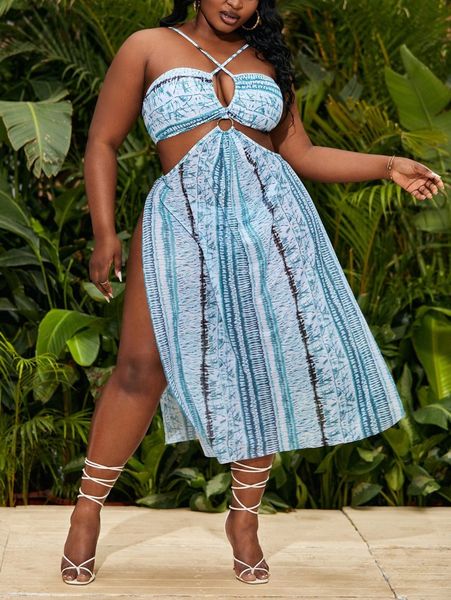 

plus allover print ring linked swim dress with panty 95vd#, Black