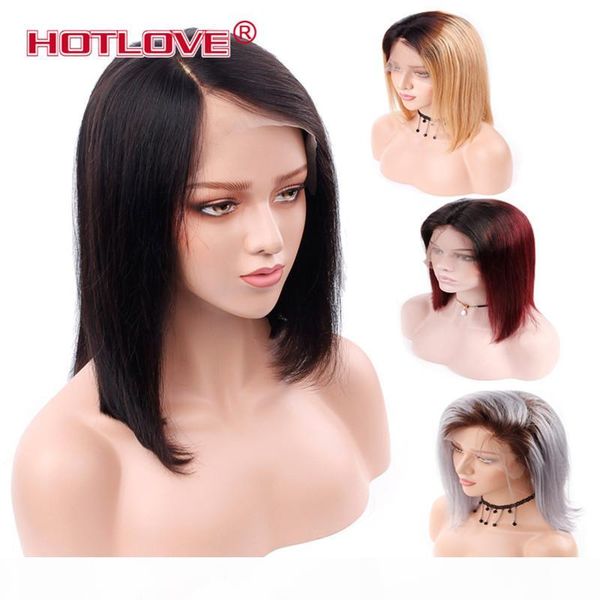 

brazilian human hair wigs straight natural black ombre blonde burgundy grey short bob wigs with baby hair 150% virgin remy hair ove, Black;brown