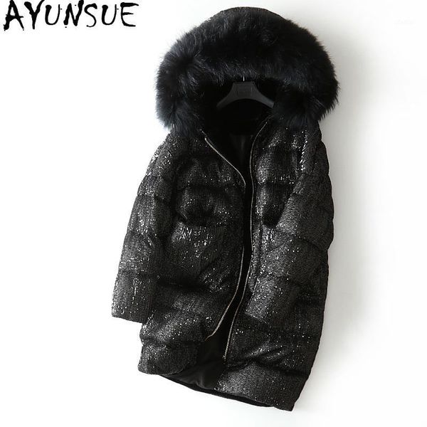 

women's down & parkas ayunsue 2021 winter jacket women coats raccoon dog fur collar hooded warm puffer jackets for mujer chaqueta kj543, Black
