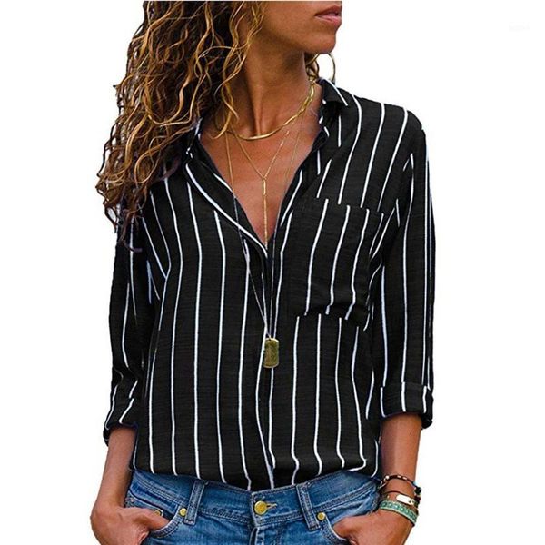 

women long sleeve striped shirts ladies autumn loose long sleeve shirt casual blouse 2018 new fashion v-neck women clothes1, White