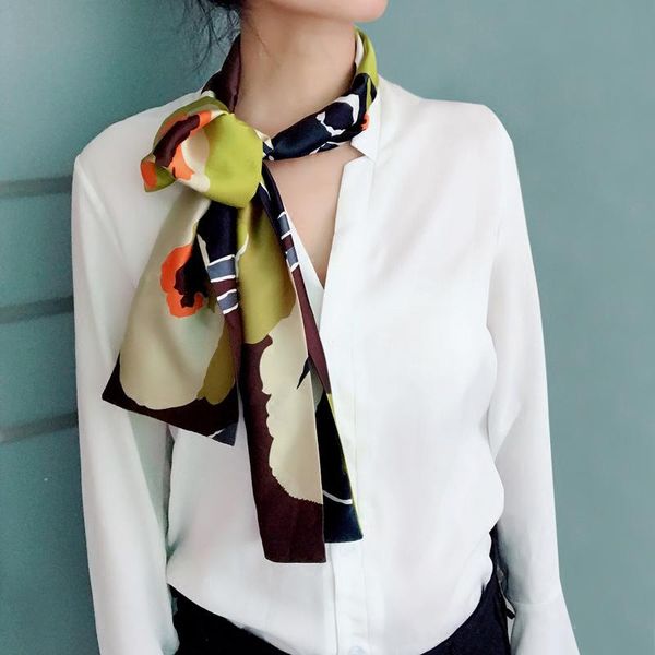 

spring new narrow long silk scarf for girls double printing fashionable women satin tie scarfs silk neckerchief 15cm*145cm, Blue;gray
