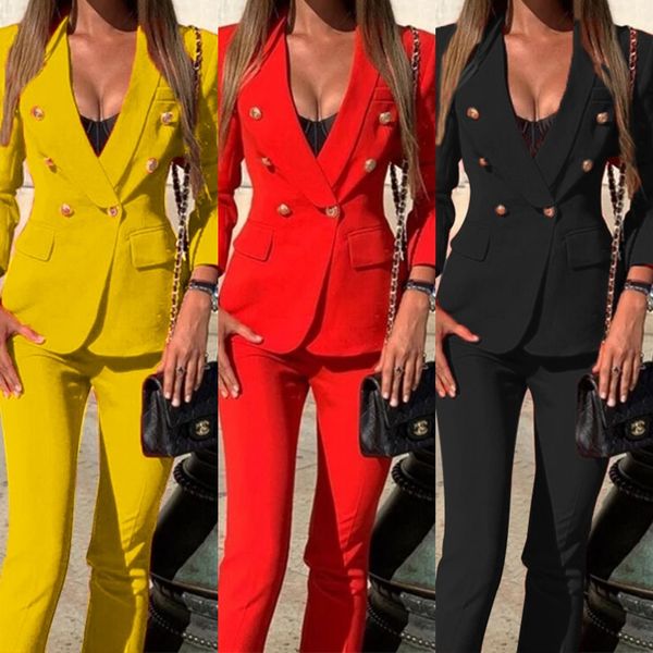 

o4oo ladies pant fit suits 2 piece set brazers elegant womens business suits office uniform slim fashion female trouser suit w93, White;black