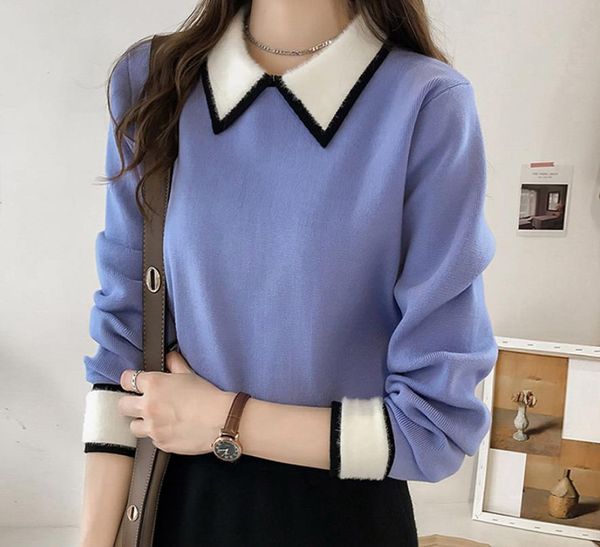 

women's girl winter fashion design sweaters women collar knitted pullovers casual loose full sleeve sweater for woman, White;black