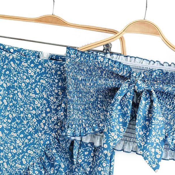 

two-piece sets 2020 new women summer vintage boho beach floral bandage sleeveless tube ruffles skirt outfits, Gray