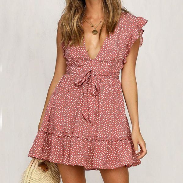 

casual dresses women deep v dress ruffles polka dot print bodycon beach female sleeveless summer party mini vestidos, Black;gray