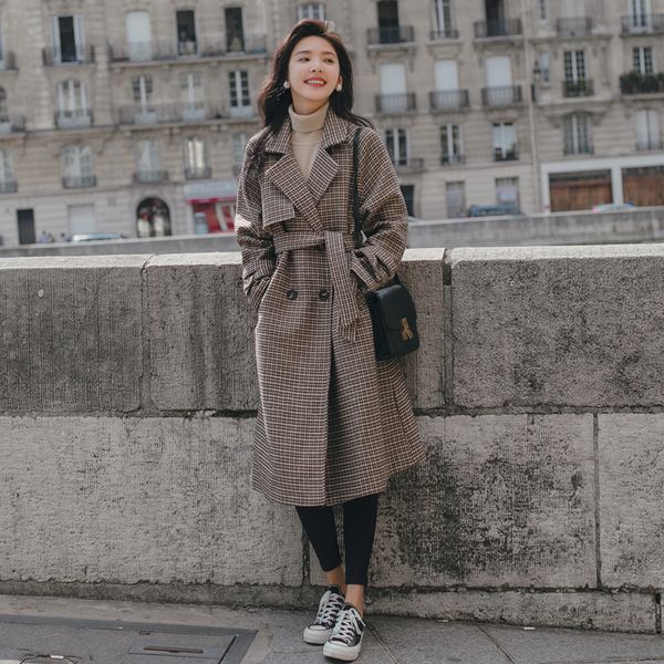 

brand winter overcoat women wool blends coat long plaid double-breasted with belt lady autumn outerwear female jackets fashion lj201109, Black