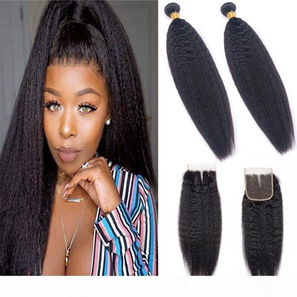 

brazilian virgin hair extensions 2 bundles with 4x4 lace closure kinky straight yaki human hair wefts with four by four closure 8-28inch, Black;brown