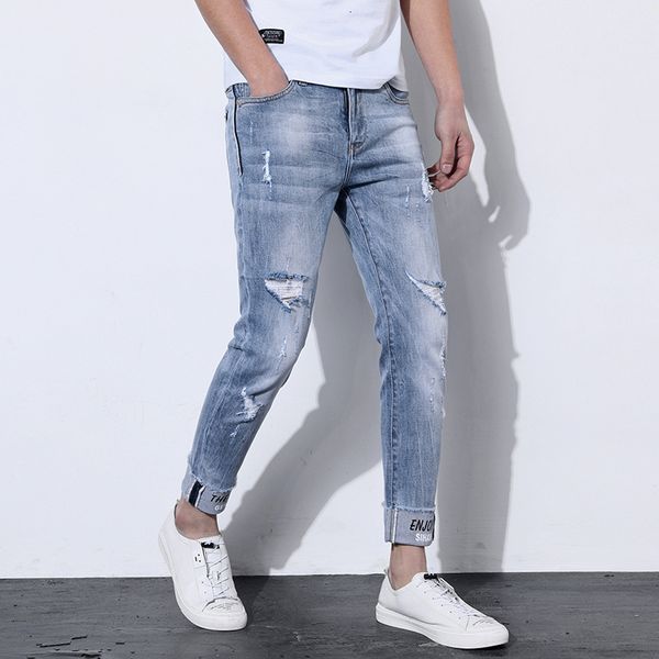 

2019 new light color pierced jeans men's slim hem 9-point pants korean fashion thin, Blue