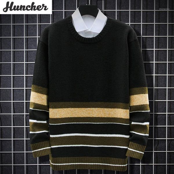 

huncher mens knitted sweater men 2020 autumn oversized striped patchwork pullover korean fashion vintage black sweaters for men1, White;black