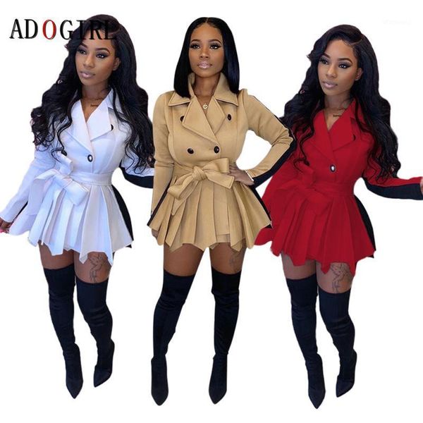 

adogirl patchwork color pleated dress women elegant long sleeve v neck with belt dresses office lady turn-down collar plus size1, Black;gray