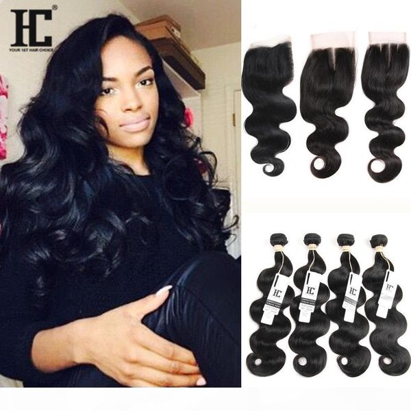 

hc hair body wave malaysian human hair products with lace closure 4pcs malaysian virgin hair bundles with lace closure 4*4, Black