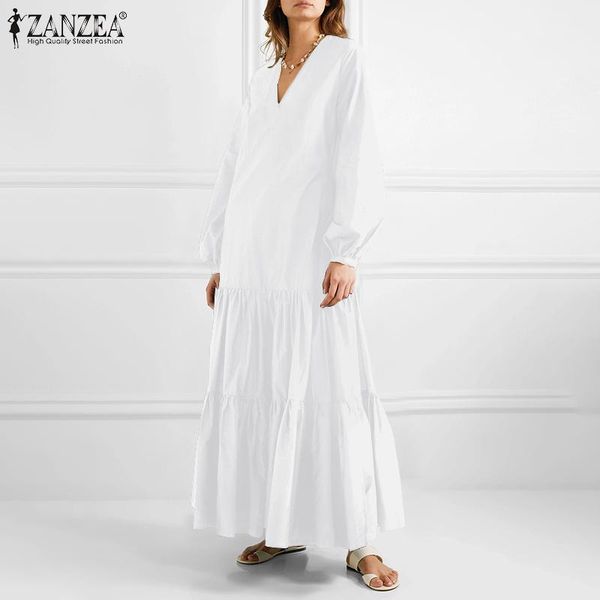 

fashion solid ruffle dress women's v neck sundress 2021 zanzea spring casual puff sleeve maxi vestidos female v neck robe femme, Black;gray