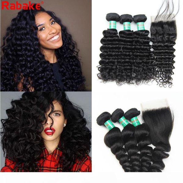 

deep wave brazilian virgin human hair bundles with closure loose wave rabake 100 unprocessed 4x4 lace closure human hair extensions, Black;brown