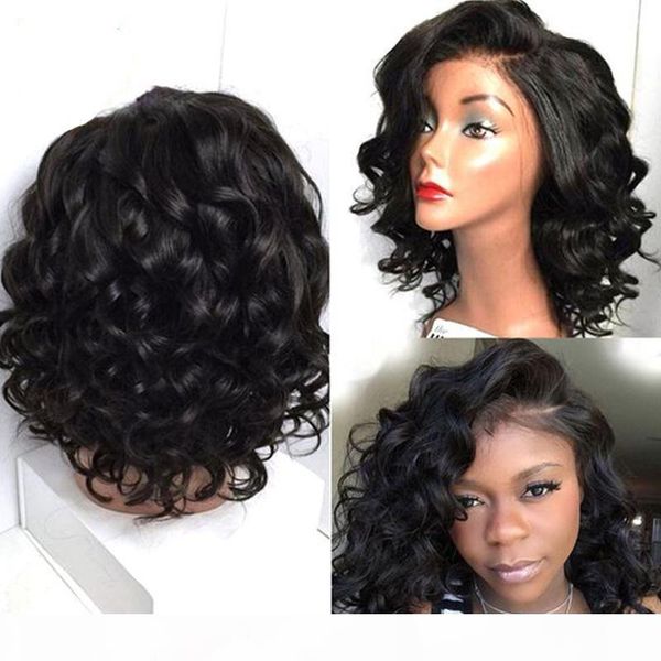 

short wavy human hair full lace bob wigs for black woman natural body wave lace front human hair wigs with baby hair brazilian wet wave wigs, Black;brown