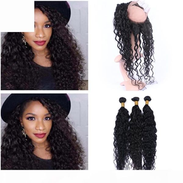 

deep curly 360 lace frontal closure 22.5x4x2 with 3bundles brazilian curly human hair weaves with pre plucked 360 full lace frontal, Black;brown