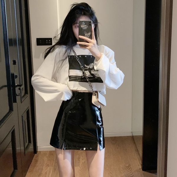

autumn 2020 new long sleeve t-shirt + high waist split bright leather short skirt two piece set suit women's fashion trend
