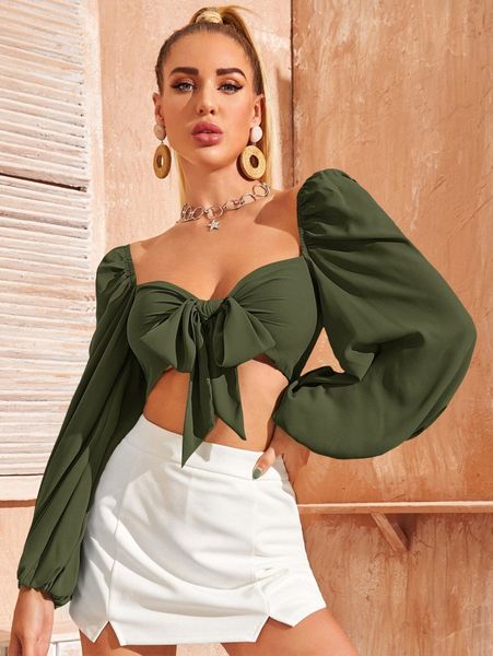 

tie front lantern sleeve crop milkmaid d49x#, White