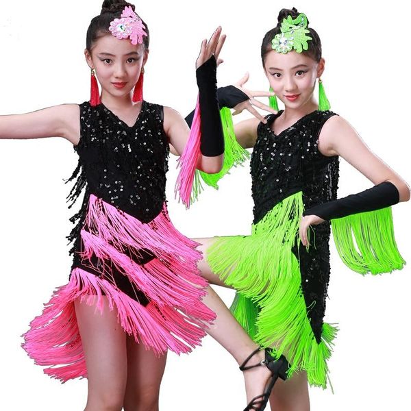 

stage wear modern fringed latin dance costumes girls green /rose red ballroom/tango/rumba/salsa dress competition performance, Black;red