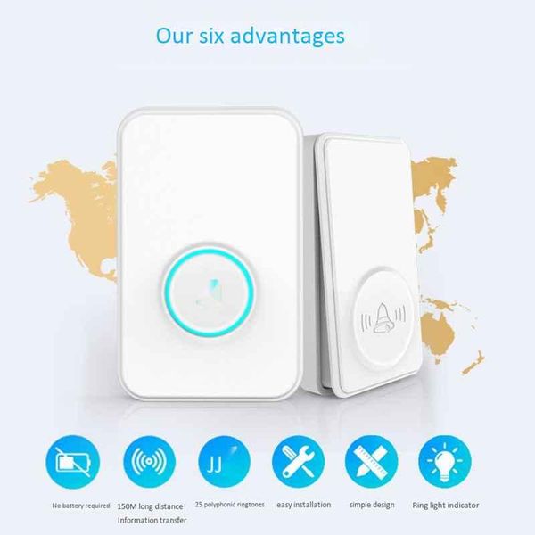

self-generated wireless doorbell, smart home doorbell, 433.92mhz frequency, long-distance wall caller home protection (eu plug
