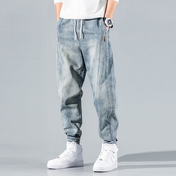 

2021 new japanese vintage fashion men jeans retro light blue loose fit spliced designer denim cargo pants streetwear hip hop joggers nzo5