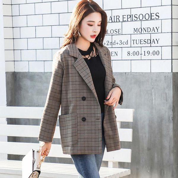 

женская blazer повседневная длинные весной и осенью новый плед костюм корейских студентов сыпучие vintage плед костюм куртка женщин, White;black