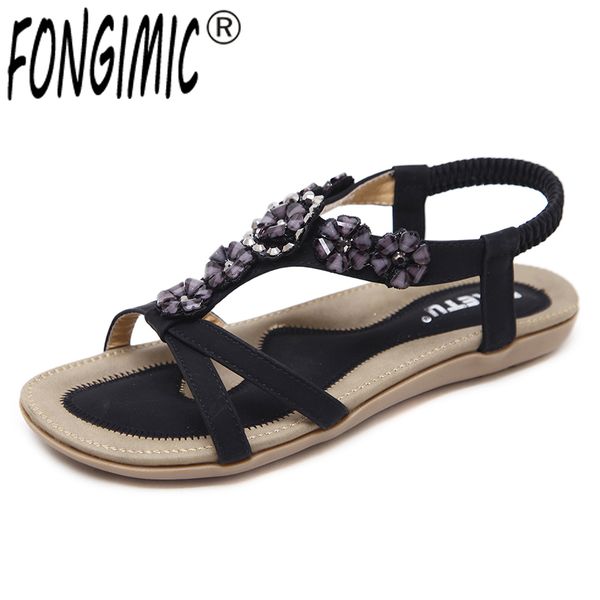 

fongimic women sandals summer bohemia flat shoes comfortable casual flipflops sandals beach elastic band sandals, Black