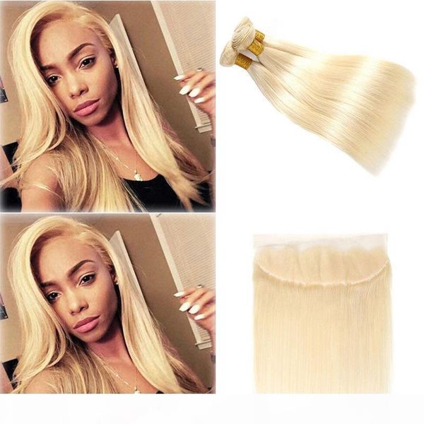 

passion virgin hair blonde color hair wefts 3 bundle with 13x4 ear to ear lace frontal closure brazilian 613 blonde human hair weave, Black;brown