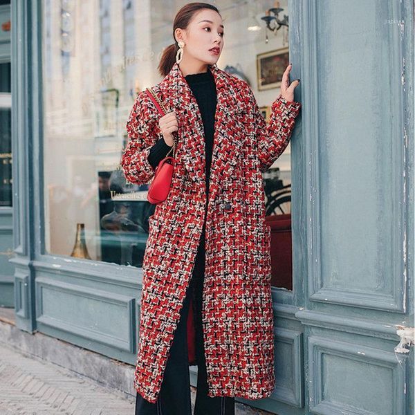 

2020 autumn winter female turn down collar woolen coat women vintage wool jacket lattice parka casual loose x-long overcoat1, Black