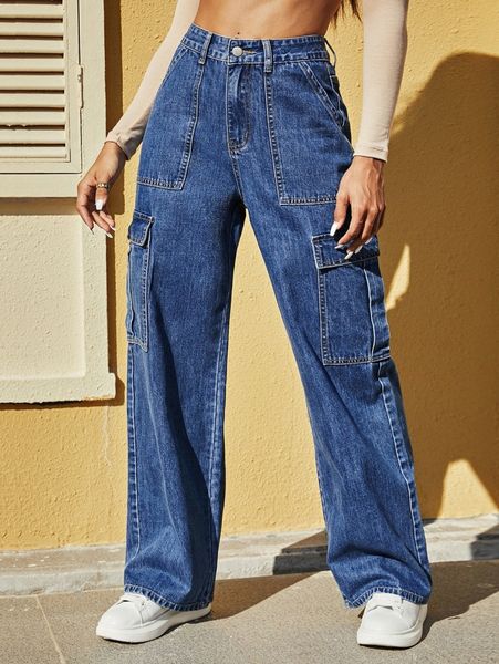 

high waisted zip up cargo jeans 78y6#, Blue