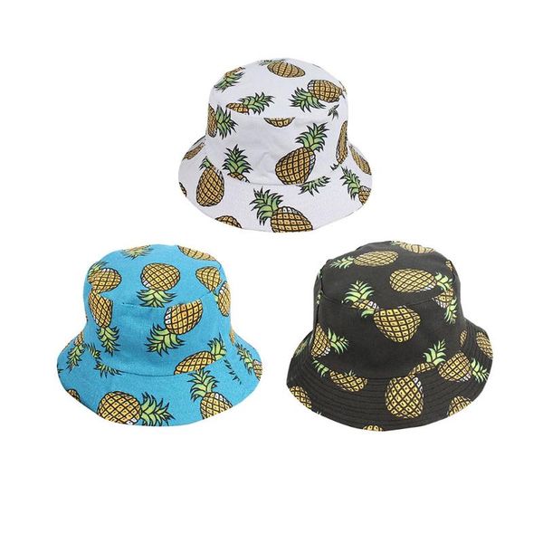 

wide brim hats summer foldable fisherman's hat sunscreen pineapple flat cap printed fruits pattern cotton double sided bucket, Blue;gray