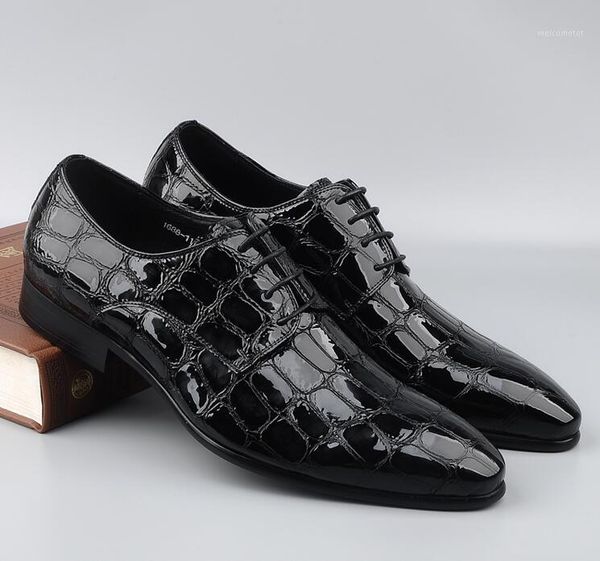 

dress shoes genuine patent leather lace up pointed toes stone pattern low heel height increasing smart casual wedding shoes1, Black