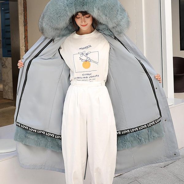 

2020 new fur collar rex fur parka femme the inner liner detachable mid-length coat, Black