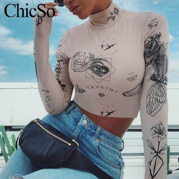 

missychilli fashion print turtleneck short blouse women long sleeve streetwear knitted shirt spring club bodycon blouse20201, White