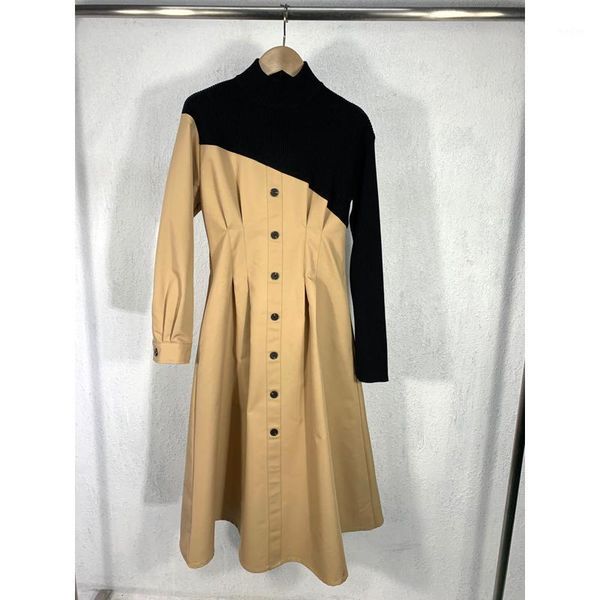 

11.20 autumn winter fashion contrast color patchwork single breasted knit slim dress women temperament irregular a-line dress1, Black;gray