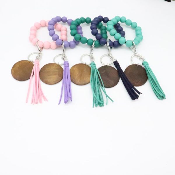 

2022 new cross-border beaded wooden bead keychain fashion personality disc tassel bracelet key ring female wholesale, Silver