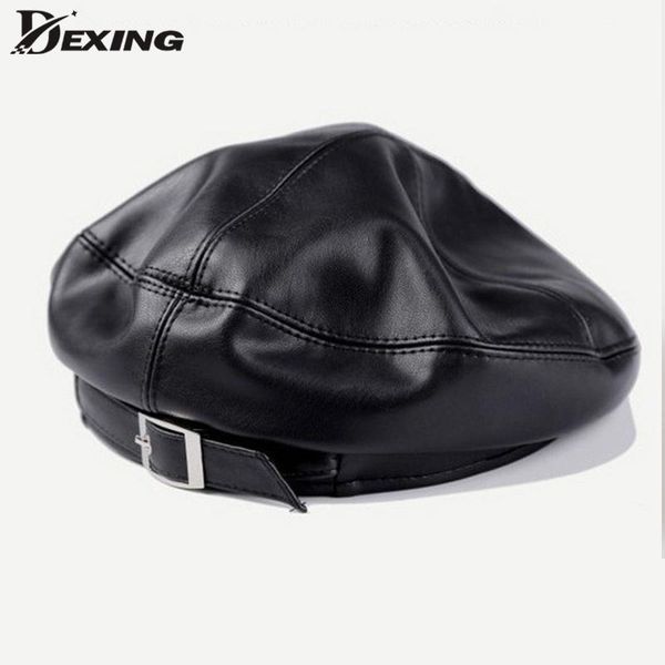 

berets autumn winter hat for women fashion pu leather beret octagonal wild british retro korean ins buddy street cap, Blue;gray