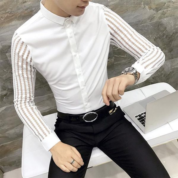 

autumn long-sleeved shirt tide male korean version of the hair stylist personality trend slim long-sleeved hollow male shirt1, White;black
