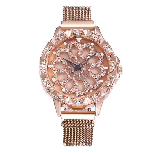

fashion luxury rose gold watch women mesh magnet starry sky ladies watch quartz special design 360 degrees rotation diamond dial, Slivery;brown