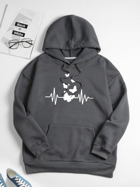 

butterfly print drawstring thermal lined hoodie 48am#, White;black