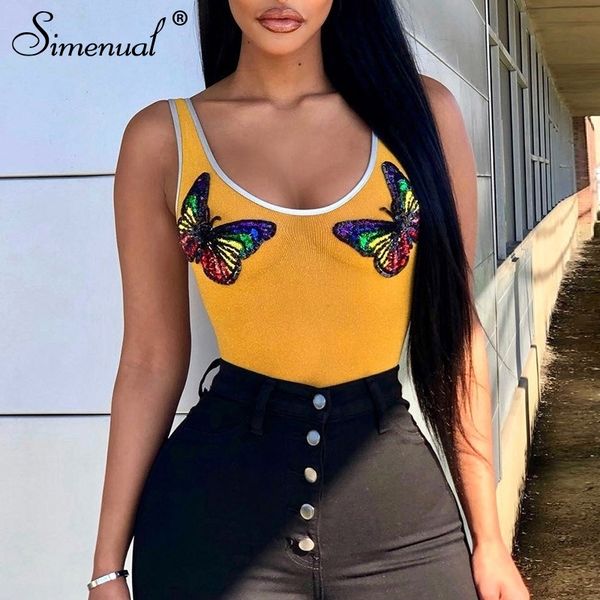 

simenual butterfly sequin knitting women tank fashion ribbed casual summer skinny bodycon tanks patchwork basic t200607, White