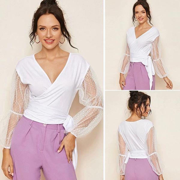 

lantern sleeve fashion mesh blouse bodysuit women mesh sleeve side knot wrap white