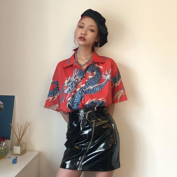 

2020 summer women casual blouse women dragon print short sleeve blouses shirts female streetwear print1, White