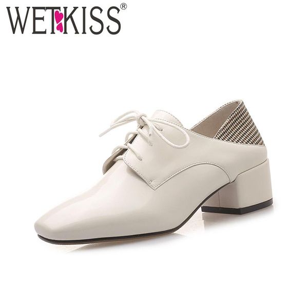 

wetkiss square toe med heels pumps patchwork pantent leather shoes lace up fashion 2020 rubber sole shoes, Black