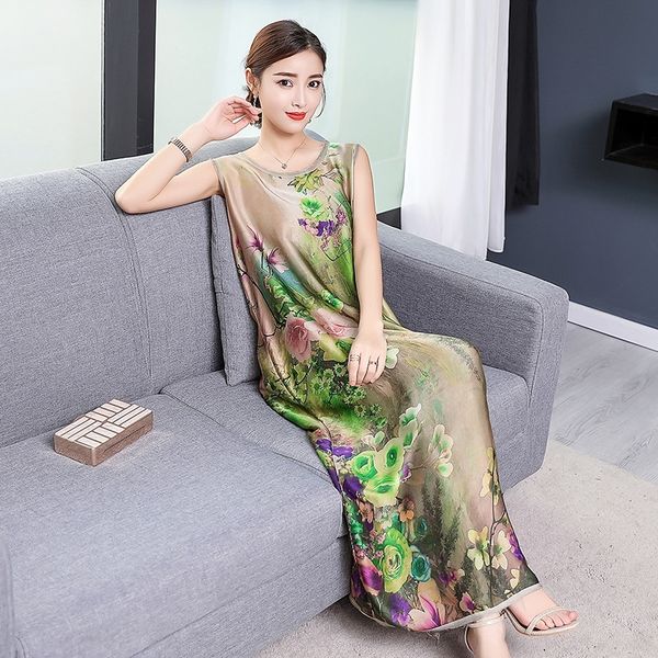 

9ofes 2020 summer skirt loose skirt vest mulberry silk sleeveless chiffon printed new silk large size dress vest dress for sobue women, Black;gray
